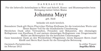 Traueranzeige von Johanna Mayr von MERKUR & TZ