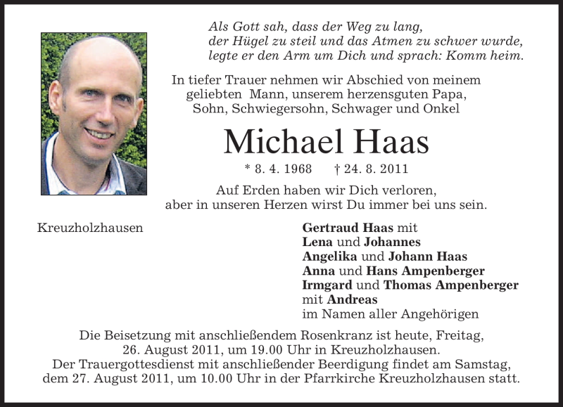 Traueranzeige für Michael Haas vom 26.08.2011 aus MERKUR & TZ