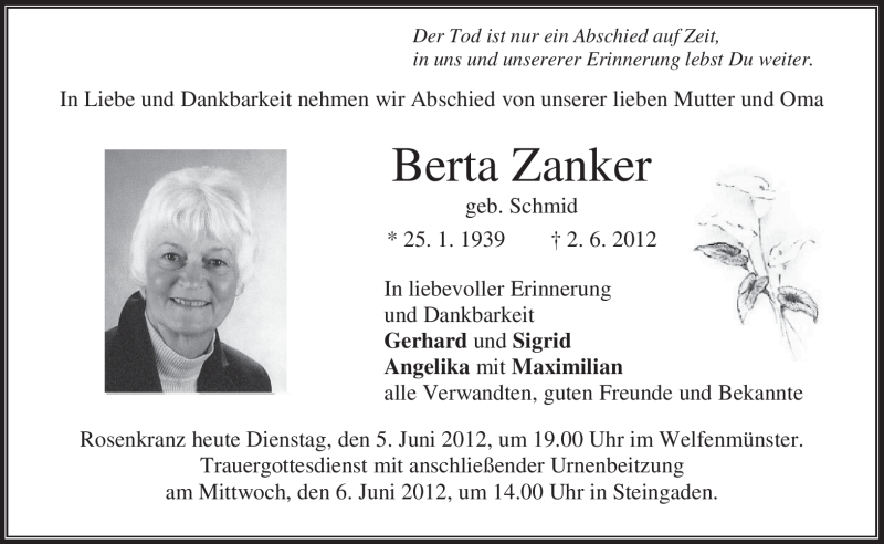  Traueranzeige für Berta Zanker vom 05.06.2012 aus MERKUR & TZ
