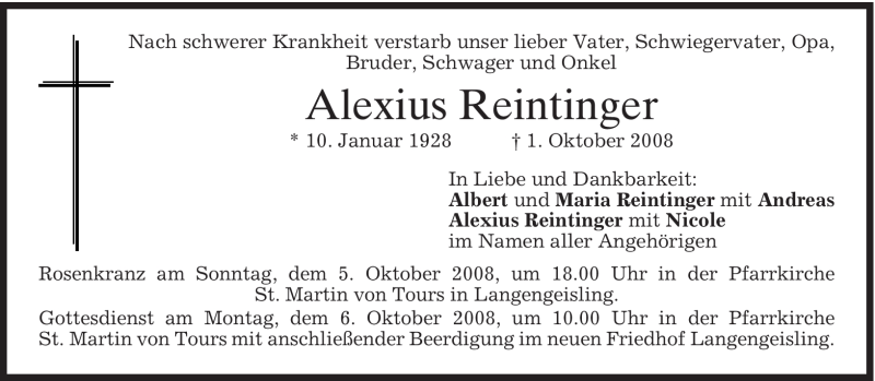  Traueranzeige für Alexius Reintinger vom 04.10.2008 aus MERKUR & TZ