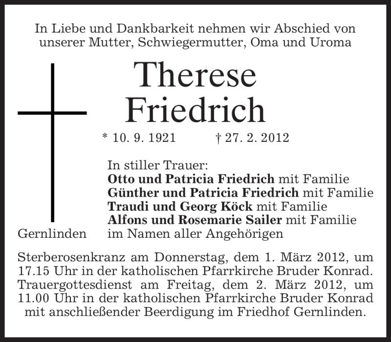  Traueranzeige für Therese Friedrich vom 29.02.2012 aus MERKUR & TZ