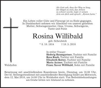 Traueranzeige von Rosina Willibald von MERKUR & TZ