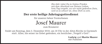 Traueranzeige von Josef Maurer von MERKUR & TZ
