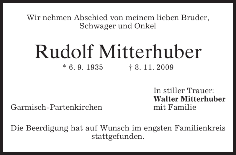  Traueranzeige für Rudolf Mitterhuber vom 14.11.2009 aus MERKUR & TZ