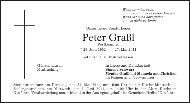  Traueranzeige für Peter Graßl vom 30.05.2011 aus MERKUR & TZ