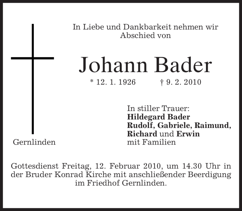  Traueranzeige für Johann Bader vom 11.02.2010 aus MERKUR & TZ