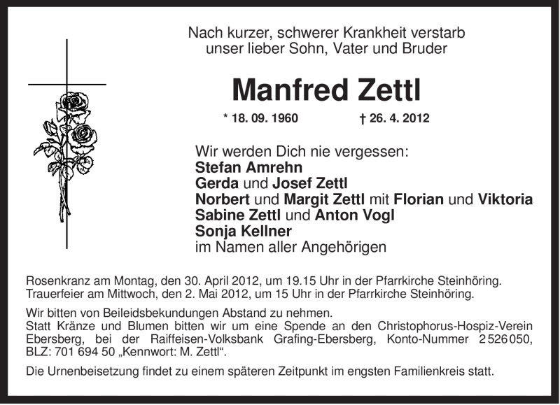  Traueranzeige für Manfred Zettl vom 28.04.2012 aus MERKUR & TZ
