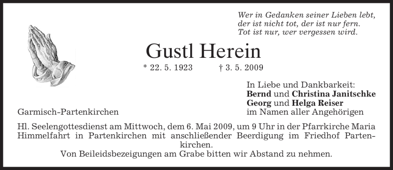  Traueranzeige für Gustl Herein vom 05.05.2009 aus MERKUR & TZ