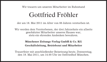 Traueranzeige von Gottfried Fröhler von MERKUR & TZ