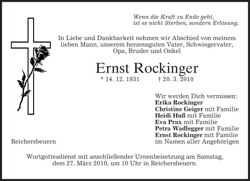  Traueranzeige für Ernst Rockinger vom 25.03.2010 aus MERKUR & TZ