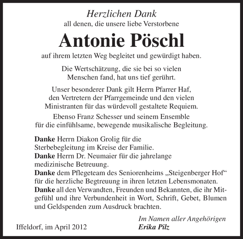  Traueranzeige für Antonie Pöschl vom 02.05.2012 aus MERKUR & TZ