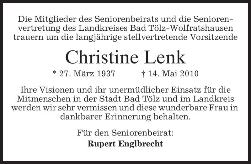  Traueranzeige für Christine Lenk vom 17.05.2010 aus MERKUR & TZ
