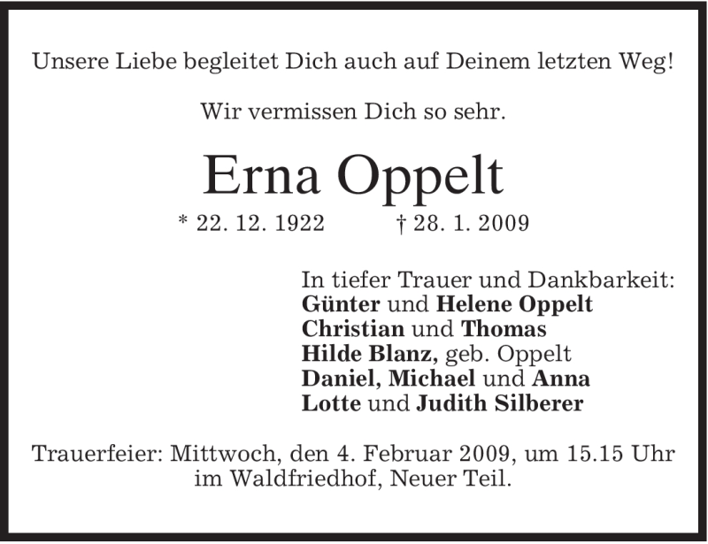  Traueranzeige für Erna Oppelt vom 31.01.2009 aus MERKUR & TZ