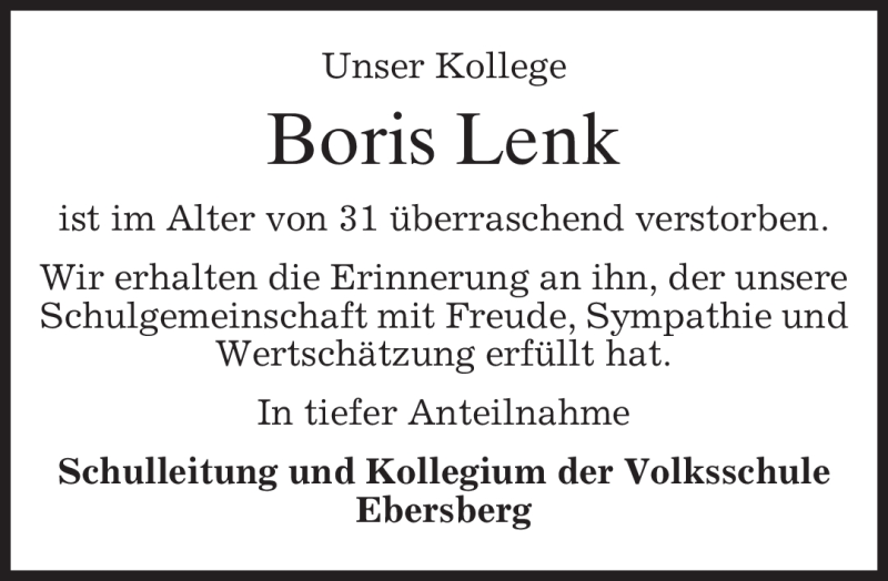 Traueranzeige für Boris Lenk vom 26.11.2010 aus MERKUR & TZ