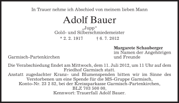 Traueranzeige von Adolf Bauer von MERKUR & TZ