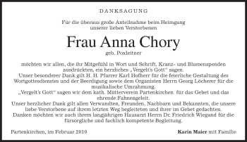 Traueranzeige von Anna Chory von MERKUR & TZ