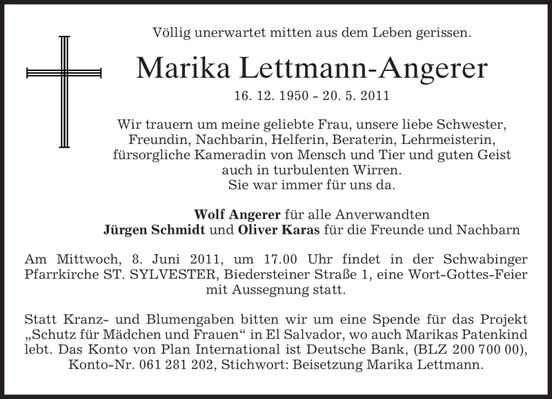  Traueranzeige für Marika Lettmann-Angerer vom 03.06.2011 aus MERKUR & TZ