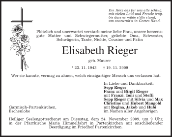 Traueranzeige von Elisabeth Rieger von MERKUR & TZ