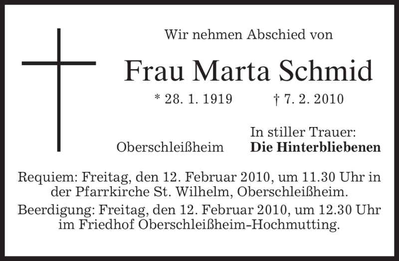  Traueranzeige für Marta Schmid vom 11.02.2010 aus MERKUR & TZ