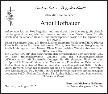 Traueranzeige von Andreas Hofbauer von merkurtz