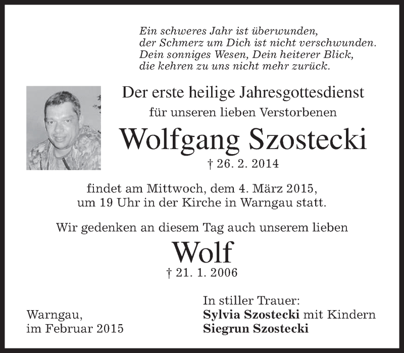  Traueranzeige für Wolfgang Szostecki vom 26.02.2015 aus merkurtz