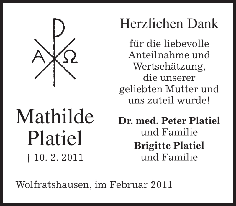  Traueranzeige für Mathilde Platiel vom 26.02.2011 aus MERKUR & TZ