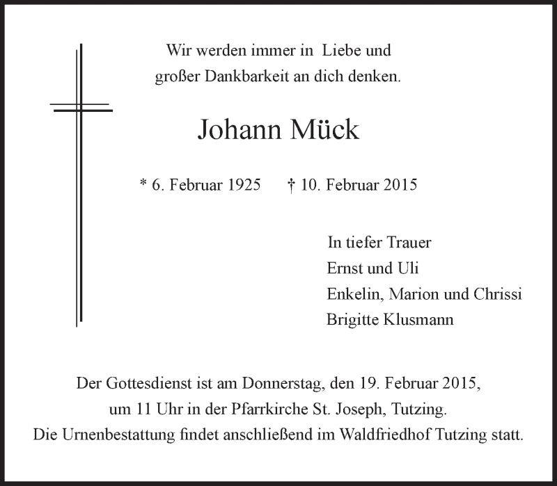  Traueranzeige für Johann Mück vom 14.02.2015 aus merkurtz