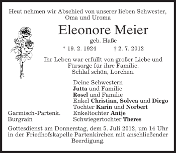 Traueranzeige von Eleonore Meier von MERKUR & TZ