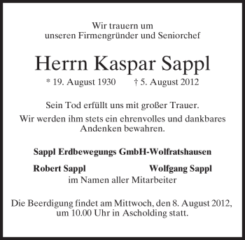 Traueranzeige von Kaspar Sappl von MERKUR & TZ