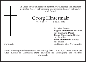 Traueranzeige von Georg Hintermair von MERKUR & TZ
