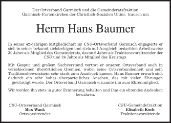 Traueranzeige von Hans Baumer von MERKUR & TZ