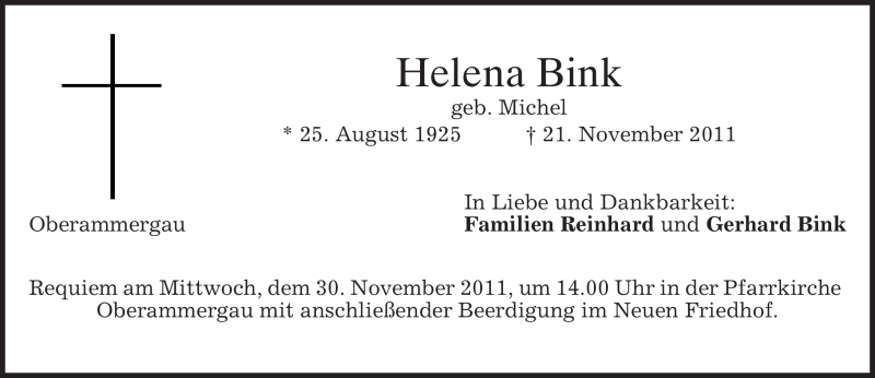  Traueranzeige für Helena Bink vom 26.11.2011 aus MERKUR & TZ