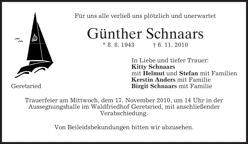  Traueranzeige für Günther Schnaars vom 13.11.2010 aus MERKUR & TZ