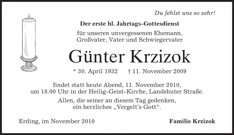  Traueranzeige für Günter Krzizok vom 11.11.2010 aus MERKUR & TZ
