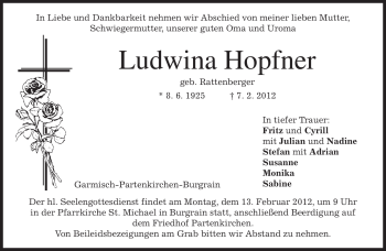 Traueranzeige von Ludwina Hopfner von MERKUR & TZ