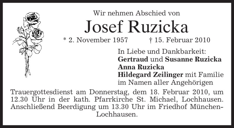  Traueranzeige für Josef Ruzicka vom 17.02.2010 aus MERKUR & TZ