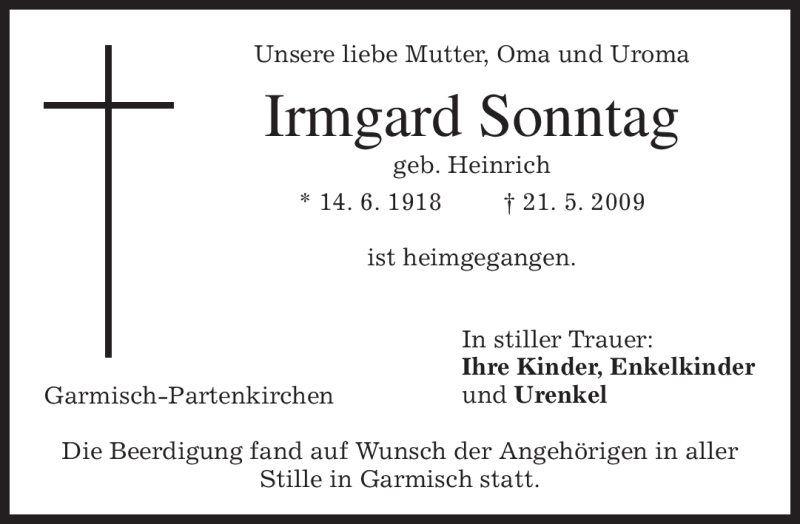  Traueranzeige für Irmgard Sonntag vom 30.05.2009 aus MERKUR & TZ