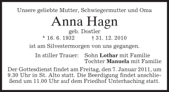 Traueranzeige von Anna Hagn von MERKUR & TZ