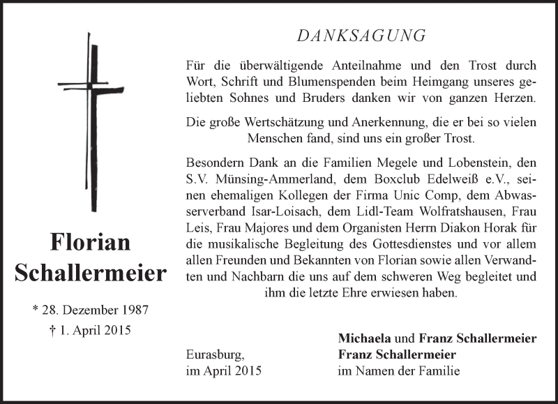  Traueranzeige für Florian Schallermeier vom 18.04.2015 aus merkurtz