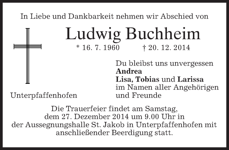  Traueranzeige für Ludwig Buchheim vom 24.12.2014 aus merkurtz