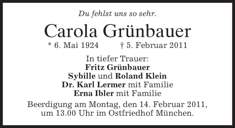  Traueranzeige für Carola Grünbauer vom 12.02.2011 aus MERKUR & TZ