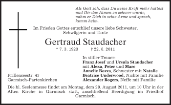 Traueranzeige von Gertraud Staudacher von MERKUR & TZ