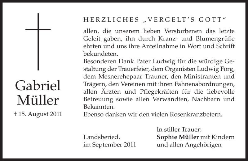  Traueranzeige für Gabriel Müller vom 03.09.2011 aus MERKUR & TZ
