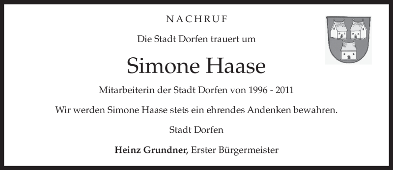  Traueranzeige für Simone Haase vom 28.09.2011 aus MERKUR & TZ