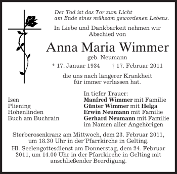 Traueranzeige von Anna Maria Wimmer von MERKUR & TZ