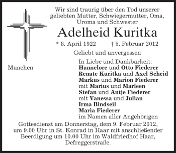Traueranzeige von Adelheid Kuritka von MERKUR & TZ