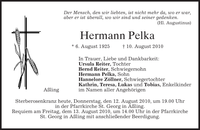  Traueranzeige für Hermann Pelka vom 12.08.2010 aus MERKUR & TZ