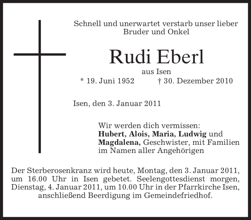  Traueranzeige für Rudi Eberl vom 03.01.2011 aus MERKUR & TZ