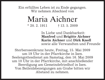 Traueranzeige von Maria Aichner von MERKUR & TZ