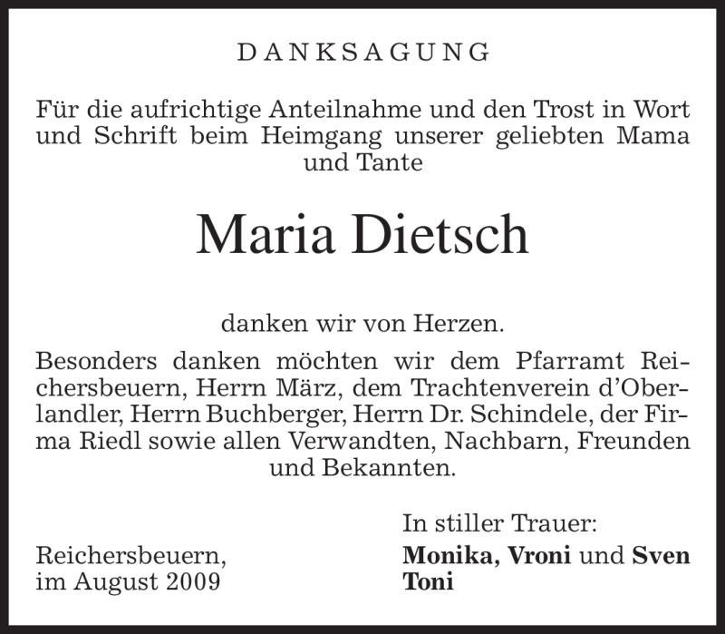  Traueranzeige für Maria Dietsch vom 01.08.2009 aus MERKUR & TZ